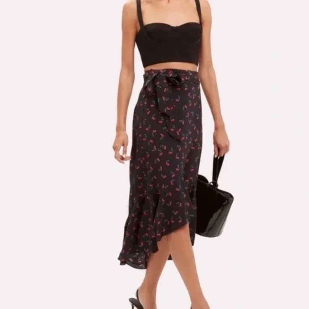 INTERMIX Black Midi Skirt with Red Cherry Print